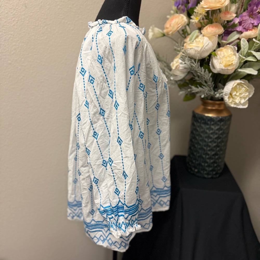 Umgee USA Plus 1XL White & Blue Embroidered Peasant Blouse - Picture 4 of 7